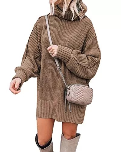 Women Fashion Sweater Short Dress Long Sleeve Turtleneck Oversized Fall Winter Soft Chunky Knit Pullover Sweaters