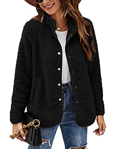 Women's Long Sleeve Cardigan Coat Lapel Button Down Warm Fuzzy Fleece Jacket Oversized Winter Outwear with Pockets