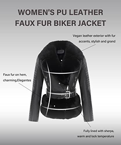 Women Faux Suede Leather Jacket Motorcycle Short Sherpa-Lined Coat with Removable Belt