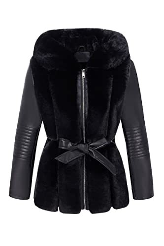 Women Faux Leather Jacket Short Belted Fall Winter Fashion Warm Casual Moto Biker Coat Shaggy Fur Hooded Outwear