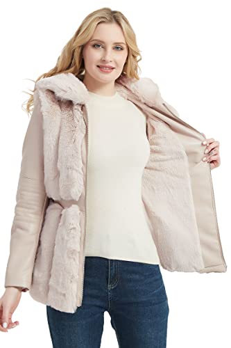 Women Faux Leather Jacket Short Belted Fall Winter Fashion Warm Casual Moto Biker Coat Shaggy Fur Hooded Outwear