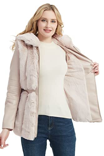 Women Faux Leather Jacket Short Belted Fall Winter Fashion Warm Casual Moto Biker Coat Shaggy Fur Hooded Outwear