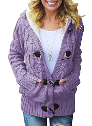 Womens 2022 Winter Hooded Cardigans Button Up Cable Knit Sweater Coat Outerwear with Pockets