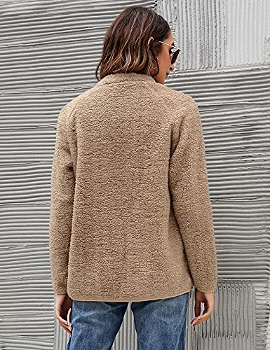 Women's Long Sleeve Cardigan Coat Lapel Button Down Warm Fuzzy Fleece Jacket Oversized Winter Outwear with Pockets