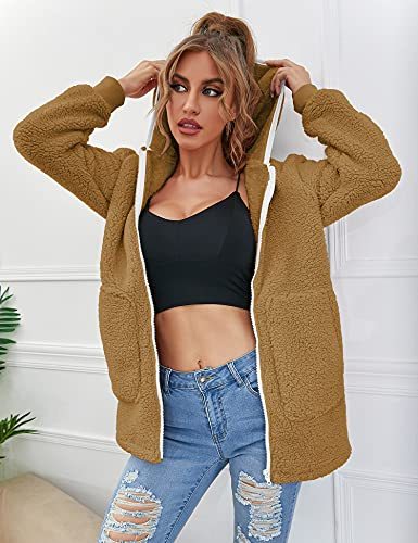 Women Oversized Sherpa Hoodie Fuzzy Fleece Jacket Zip Up Long Sleeve Winter Coat with Pockets