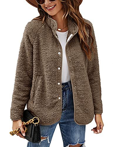 Women's Long Sleeve Cardigan Coat Lapel Button Down Warm Fuzzy Fleece Jacket Oversized Winter Outwear with Pockets