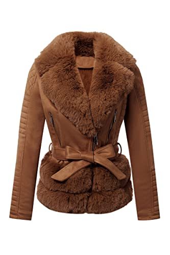 Women Faux Suede Leather Jacket Motorcycle Short Sherpa-Lined Coat with Removable Belt