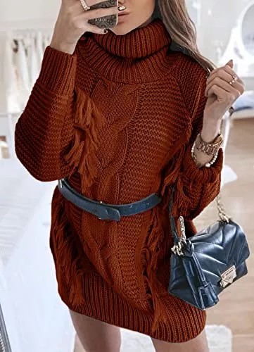 Women Fashion Sweater Short Dress Long Sleeve Turtleneck Oversized Fall Winter Soft Chunky Knit Pullover Sweaters