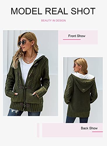 Womens 2022 Winter Hooded Cardigans Button Up Cable Knit Sweater Coat Outerwear with Pockets