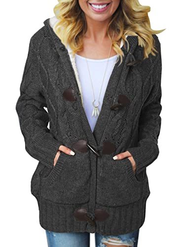 Womens 2022 Winter Hooded Cardigans Button Up Cable Knit Sweater Coat Outerwear with Pockets