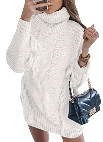 Women Fashion Sweater Short Dress Long Sleeve Turtleneck Oversized Fall Winter Soft Chunky Knit Pullover Sweaters