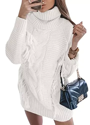 Women Fashion Sweater Short Dress Long Sleeve Turtleneck Oversized Fall Winter Soft Chunky Knit Pullover Sweaters