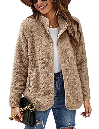 Women's Long Sleeve Cardigan Coat Lapel Button Down Warm Fuzzy Fleece Jacket Oversized Winter Outwear with Pockets