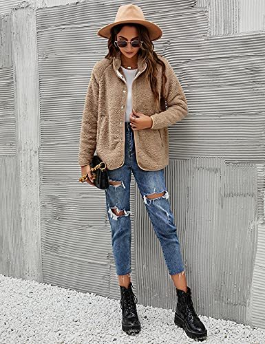 Women's Long Sleeve Cardigan Coat Lapel Button Down Warm Fuzzy Fleece Jacket Oversized Winter Outwear with Pockets