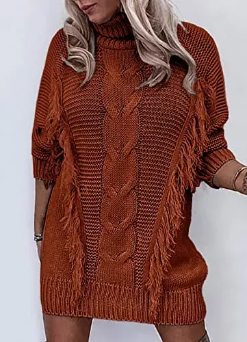 Women Fashion Sweater Short Dress Long Sleeve Turtleneck Oversized Fall Winter Soft Chunky Knit Pullover Sweaters