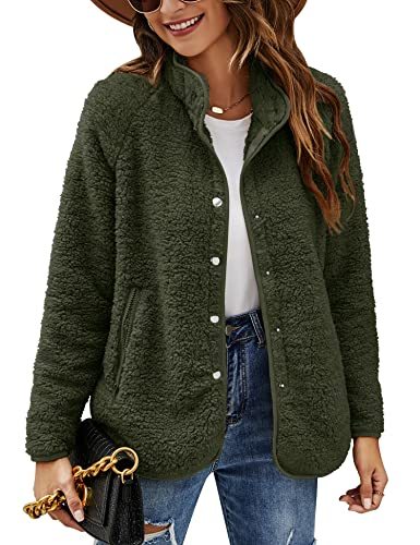 Women's Long Sleeve Cardigan Coat Lapel Button Down Warm Fuzzy Fleece Jacket Oversized Winter Outwear with Pockets