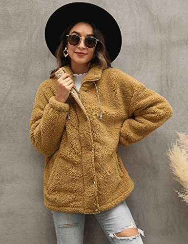 Womens Sherpa Jacket Warm Winter Teddy Bear Coat Casual Fleece Zip Up Oversized Loose Faux Shearling Outwear with Pockets