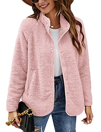 Women's Long Sleeve Cardigan Coat Lapel Button Down Warm Fuzzy Fleece Jacket Oversized Winter Outwear with Pockets