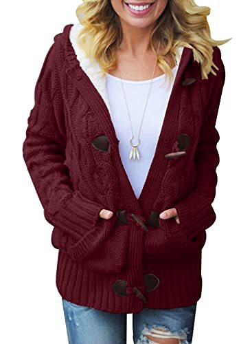 Womens 2022 Winter Hooded Cardigans Button Up Cable Knit Sweater Coat Outerwear with Pockets