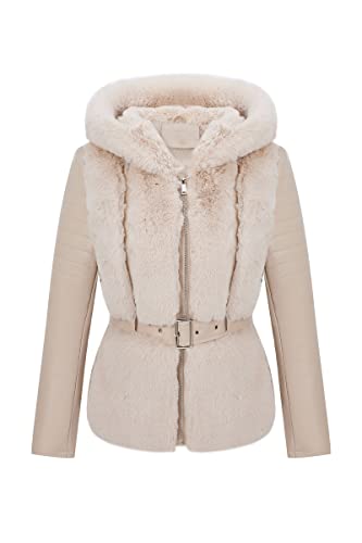 Women Faux Leather Jacket Short Belted Fall Winter Fashion Warm Casual Moto Biker Coat Shaggy Fur Hooded Outwear