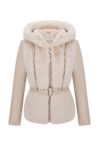 Women Faux Leather Jacket Short Belted Fall Winter Fashion Warm Casual Moto Biker Coat Shaggy Fur Hooded Outwear
