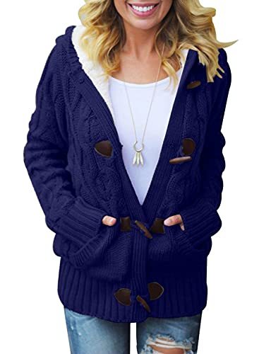 Womens 2022 Winter Hooded Cardigans Button Up Cable Knit Sweater Coat Outerwear with Pockets