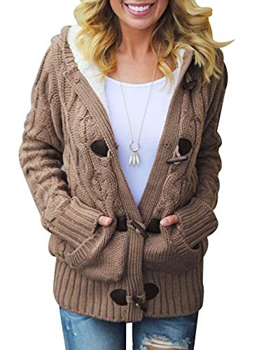 Womens 2022 Winter Hooded Cardigans Button Up Cable Knit Sweater Coat Outerwear with Pockets
