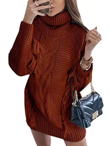 Women Fashion Sweater Short Dress Long Sleeve Turtleneck Oversized Fall Winter Soft Chunky Knit Pullover Sweaters