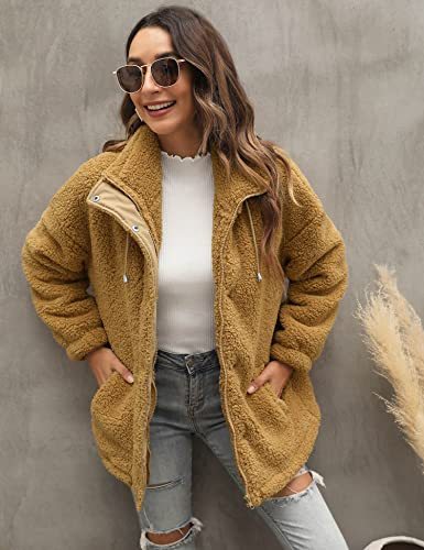 Womens Sherpa Jacket Warm Winter Teddy Bear Coat Casual Fleece Zip Up Oversized Loose Faux Shearling Outwear with Pockets