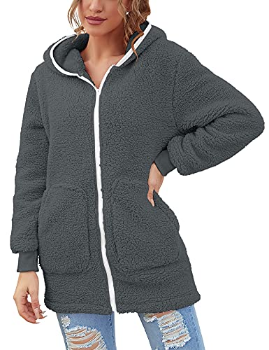 Women Oversized Sherpa Hoodie Fuzzy Fleece Jacket Zip Up Long Sleeve Winter Coat with Pockets
