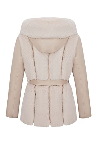 Women Faux Leather Jacket Short Belted Fall Winter Fashion Warm Casual Moto Biker Coat Shaggy Fur Hooded Outwear