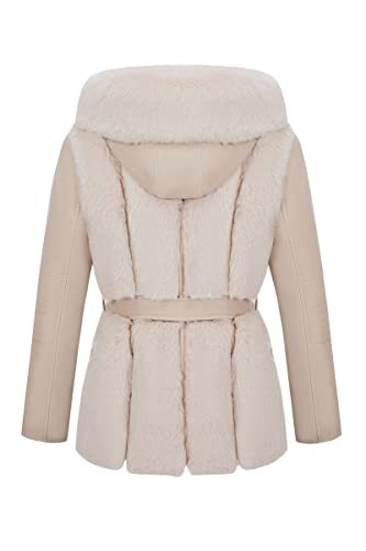 Women Faux Leather Jacket Short Belted Fall Winter Fashion Warm Casual Moto Biker Coat Shaggy Fur Hooded Outwear