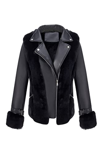 Women Faux Leather Jacket Short Belted Fall Winter Fashion Warm Casual Moto Biker Coat Shaggy Fur Hooded Outwear