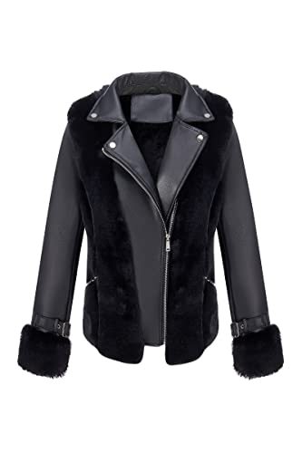 Women Faux Leather Jacket Short Belted Fall Winter Fashion Warm Casual Moto Biker Coat Shaggy Fur Hooded Outwear