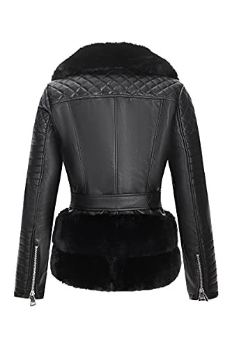 Women Faux Suede Leather Jacket Motorcycle Short Sherpa-Lined Coat with Removable Belt