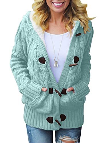 Womens 2022 Winter Hooded Cardigans Button Up Cable Knit Sweater Coat Outerwear with Pockets