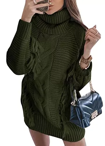 Women Fashion Sweater Short Dress Long Sleeve Turtleneck Oversized Fall Winter Soft Chunky Knit Pullover Sweaters