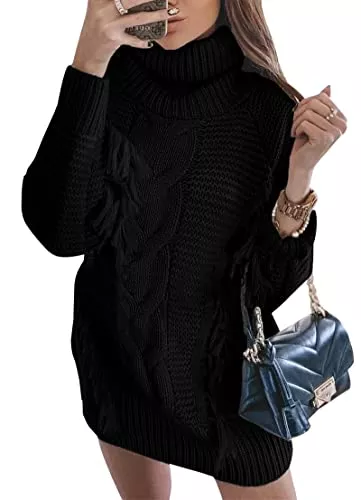 Women Fashion Sweater Short Dress Long Sleeve Turtleneck Oversized Fall Winter Soft Chunky Knit Pullover Sweaters