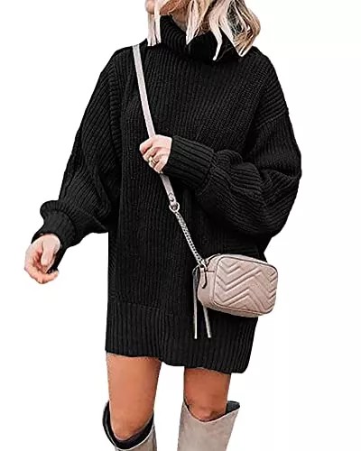 Women Fashion Sweater Short Dress Long Sleeve Turtleneck Oversized Fall Winter Soft Chunky Knit Pullover Sweaters