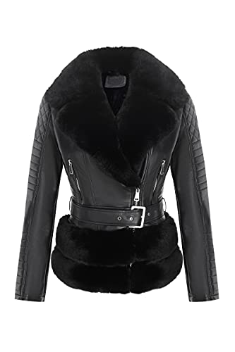 Women Faux Suede Leather Jacket Motorcycle Short Sherpa-Lined Coat with Removable Belt