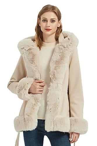 Faux Suede Leather Coat Women Fall and Winter Fashion Hood Jacket with Fur Collar