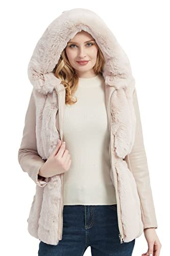 Women Faux Leather Jacket Short Belted Fall Winter Fashion Warm Casual Moto Biker Coat Shaggy Fur Hooded Outwear