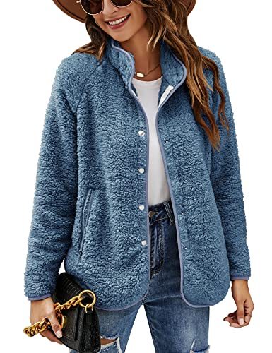 Women's Long Sleeve Cardigan Coat Lapel Button Down Warm Fuzzy Fleece Jacket Oversized Winter Outwear with Pockets
