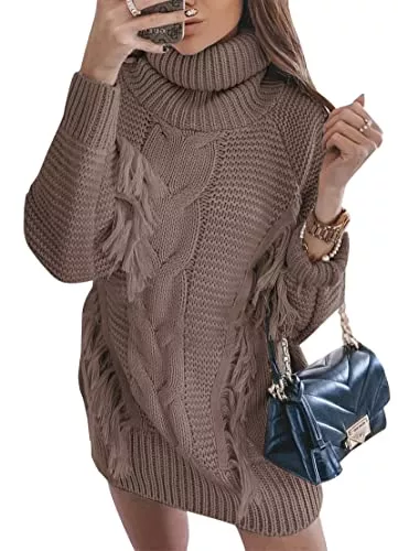 Women Fashion Sweater Short Dress Long Sleeve Turtleneck Oversized Fall Winter Soft Chunky Knit Pullover Sweaters