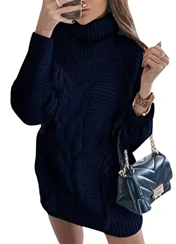 Women Fashion Sweater Short Dress Long Sleeve Turtleneck Oversized Fall Winter Soft Chunky Knit Pullover Sweaters