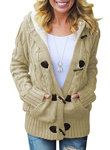 Womens 2022 Winter Hooded Cardigans Button Up Cable Knit Sweater Coat Outerwear with Pockets