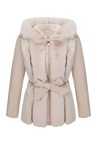 Women Faux Leather Jacket Short Belted Fall Winter Fashion Warm Casual Moto Biker Coat Shaggy Fur Hooded Outwear