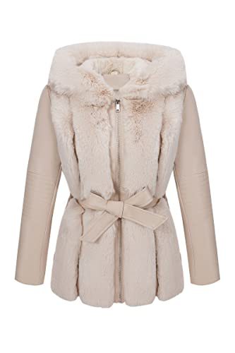 Women Faux Leather Jacket Short Belted Fall Winter Fashion Warm Casual Moto Biker Coat Shaggy Fur Hooded Outwear