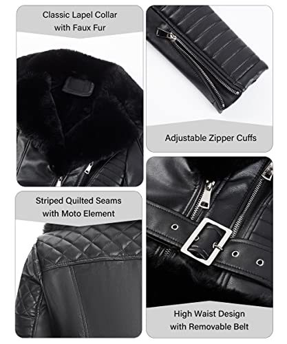 Women Faux Suede Leather Jacket Motorcycle Short Sherpa-Lined Coat with Removable Belt