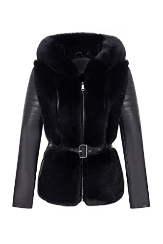 Women Faux Leather Jacket Short Belted Fall Winter Fashion Warm Casual Moto Biker Coat Shaggy Fur Hooded Outwear